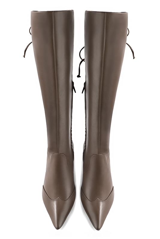 Taupe brown women's knee-high boots, with laces at the back. Tapered toe. Medium cone heels. Made to measure. Top view - Florence KOOIJMAN